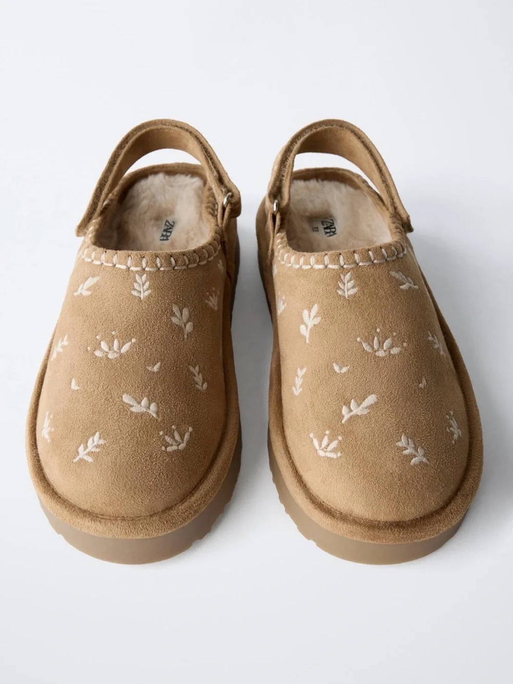 Zara Kids Tan Suede Clogs with White Embroidery
